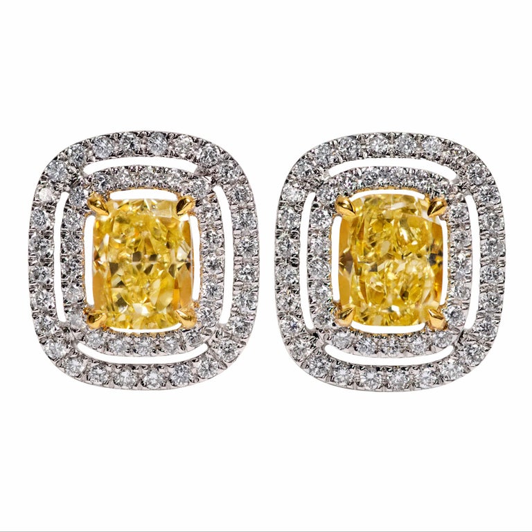 GIA Certified Fancy Yellow Diamond Halo Stud Earrings For Sale at 1stDibs
