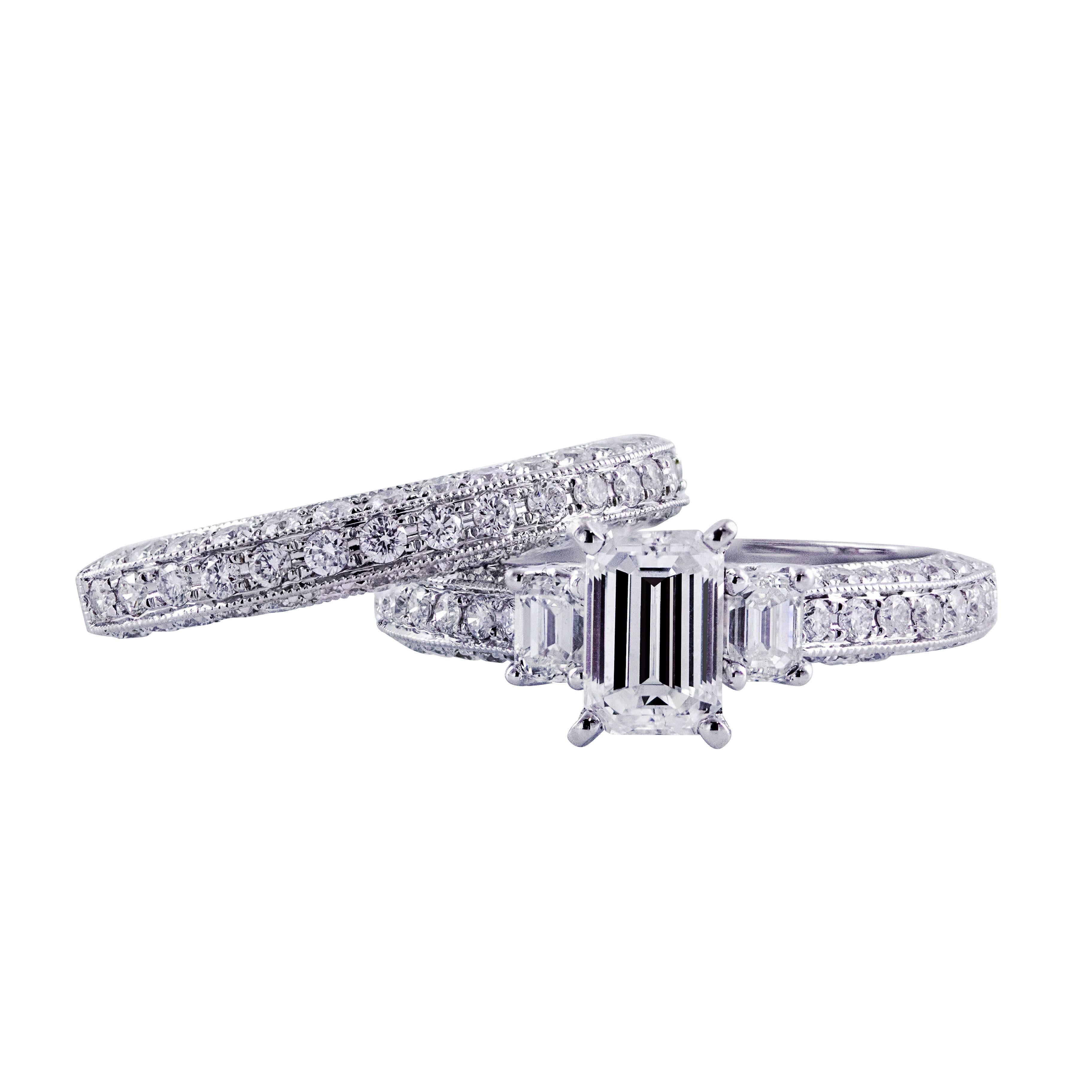 Roman Malakov, Three-Stone Emerald Cut Engagement Ring and Wedding Band Set