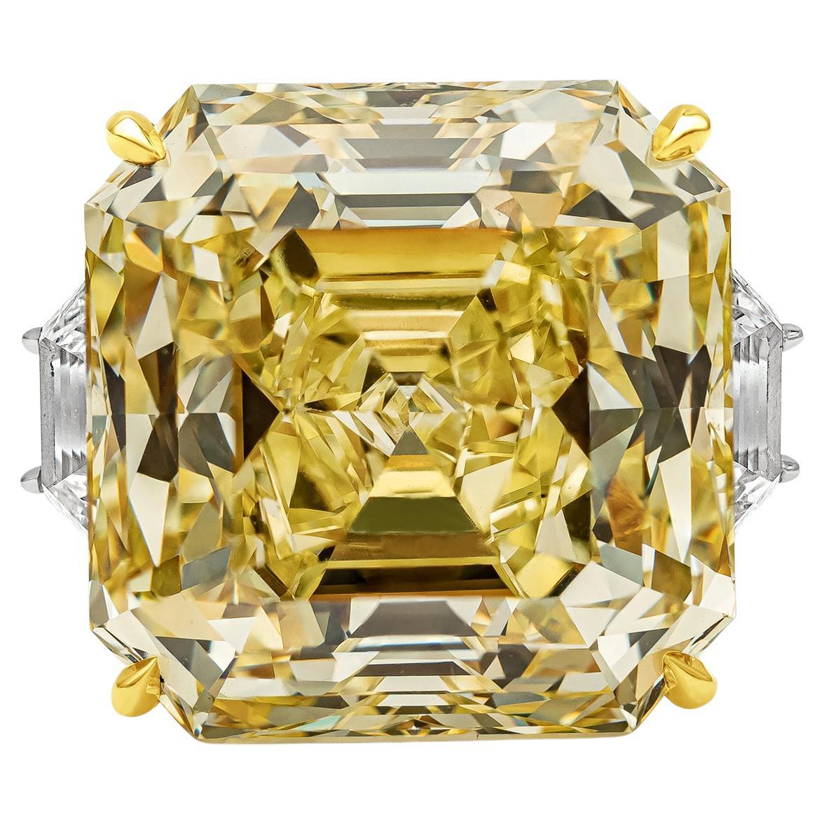 GIA Certified 30.02 Carat Fancy Intense Yellow Diamond Three-Stone Ring