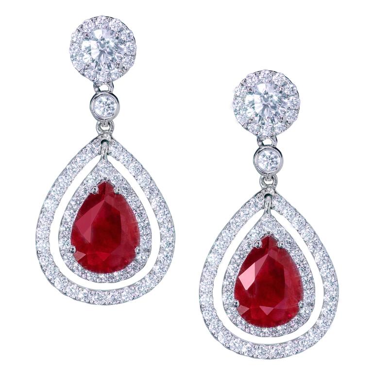 Pear Shape Ruby And Diamond Double Halo Dangle Earrings For At Pear Shape Ruby And Diamond Double Halo Dangle Earrings For