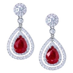 Pear Shape Ruby and Diamond Double Halo Dangle Earrings 2