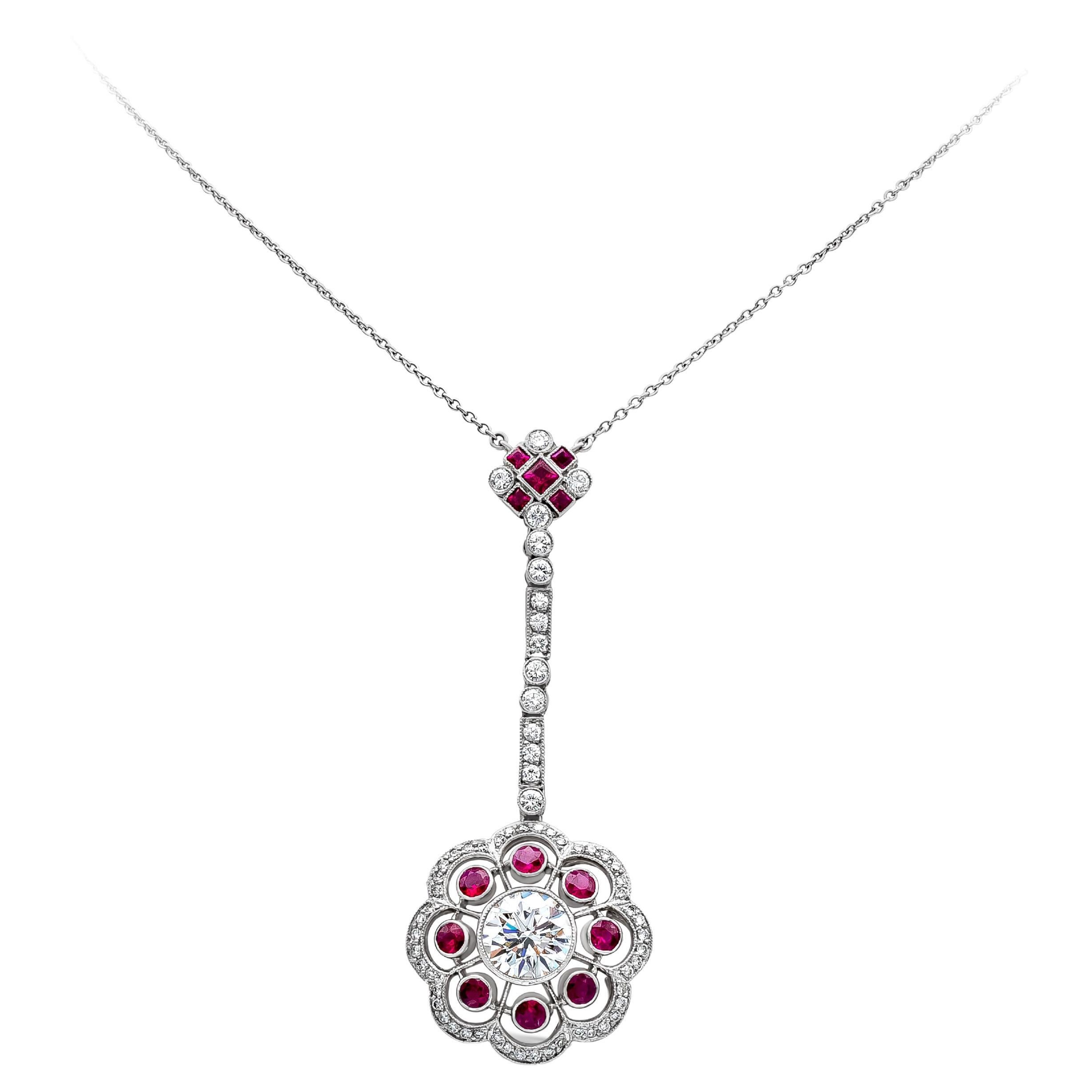 Vintage 3.39 Carats Total Ruby and Diamond Floral Motif Drop Necklace For Sale