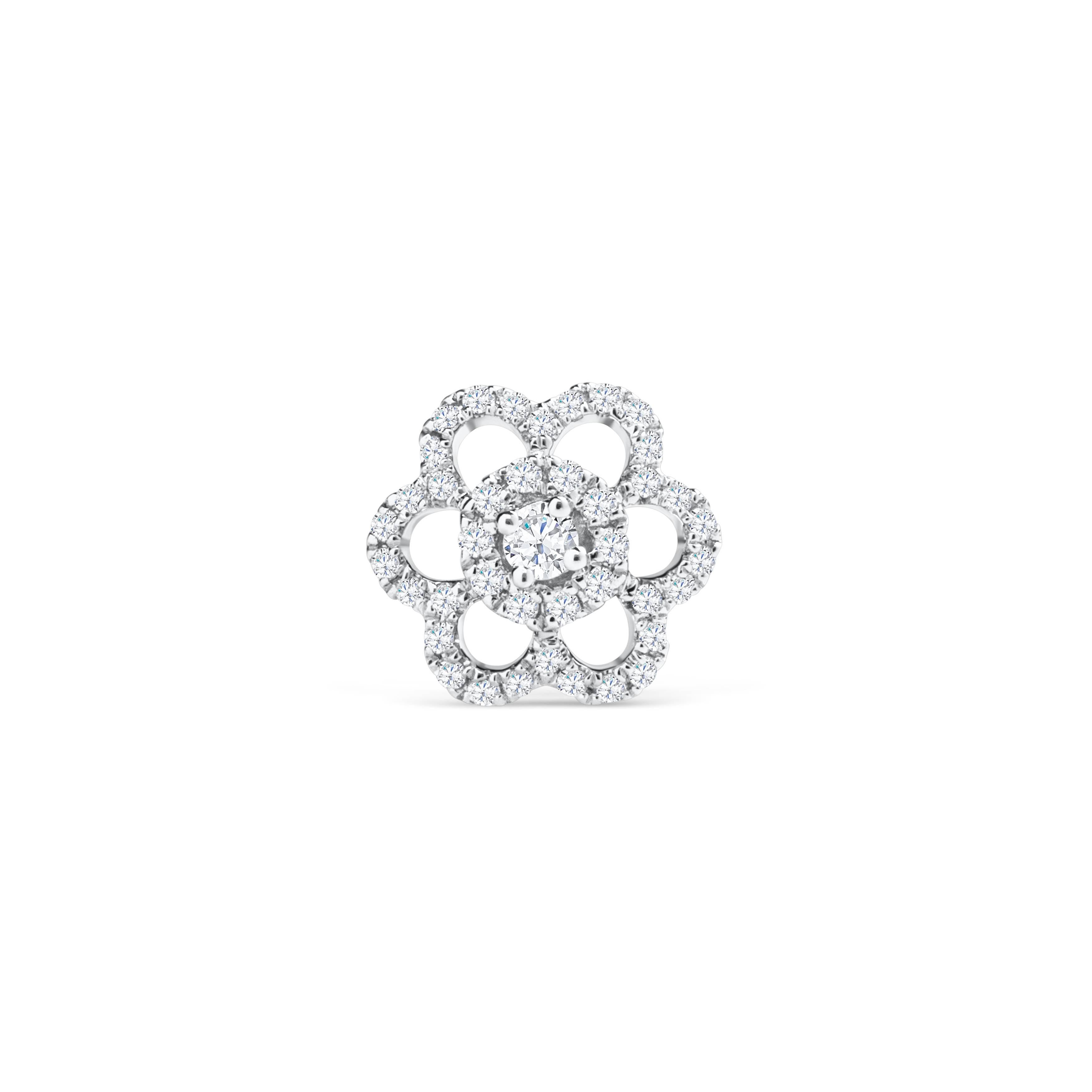 Stylish and chic, each earring showcases a round brilliant diamond center set in an intricate floral motif open work design. Surrounding the diamond center are sparkling round melee diamonds in 18k white gold mounting. Weight of the diamonds is 0.32
