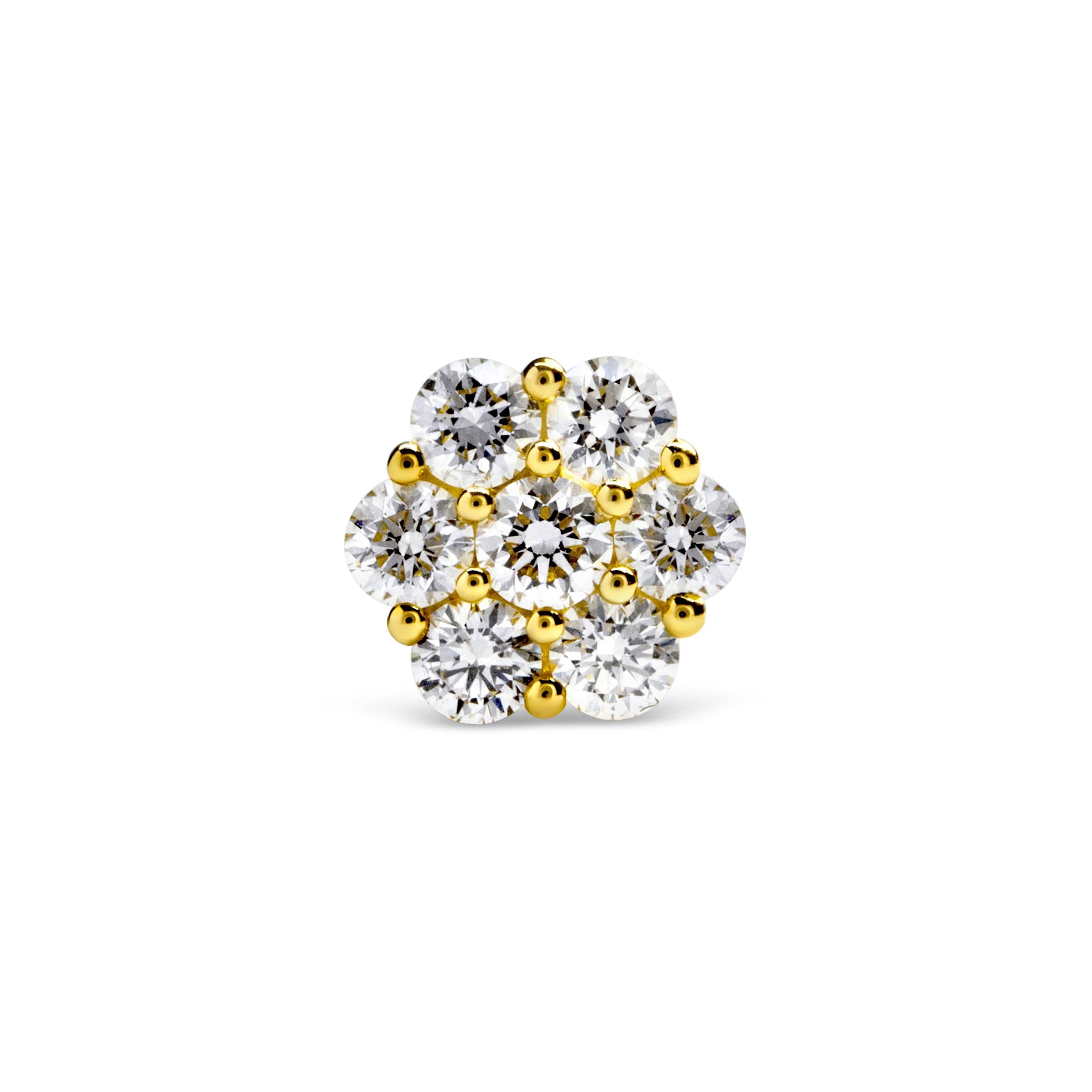 Each earring elegantly designed to look like a flower; showcases 7 dazzling round diamonds that securely sit in shared prongs in polished 18k yellow gold. Weight of the diamonds is 2.04 carats total. A very versatile piece and easy to pair with any