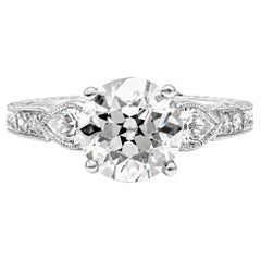 GIA Certified 2.31 Carats Old European Cut Diamond Three-Stone Engagement Ring