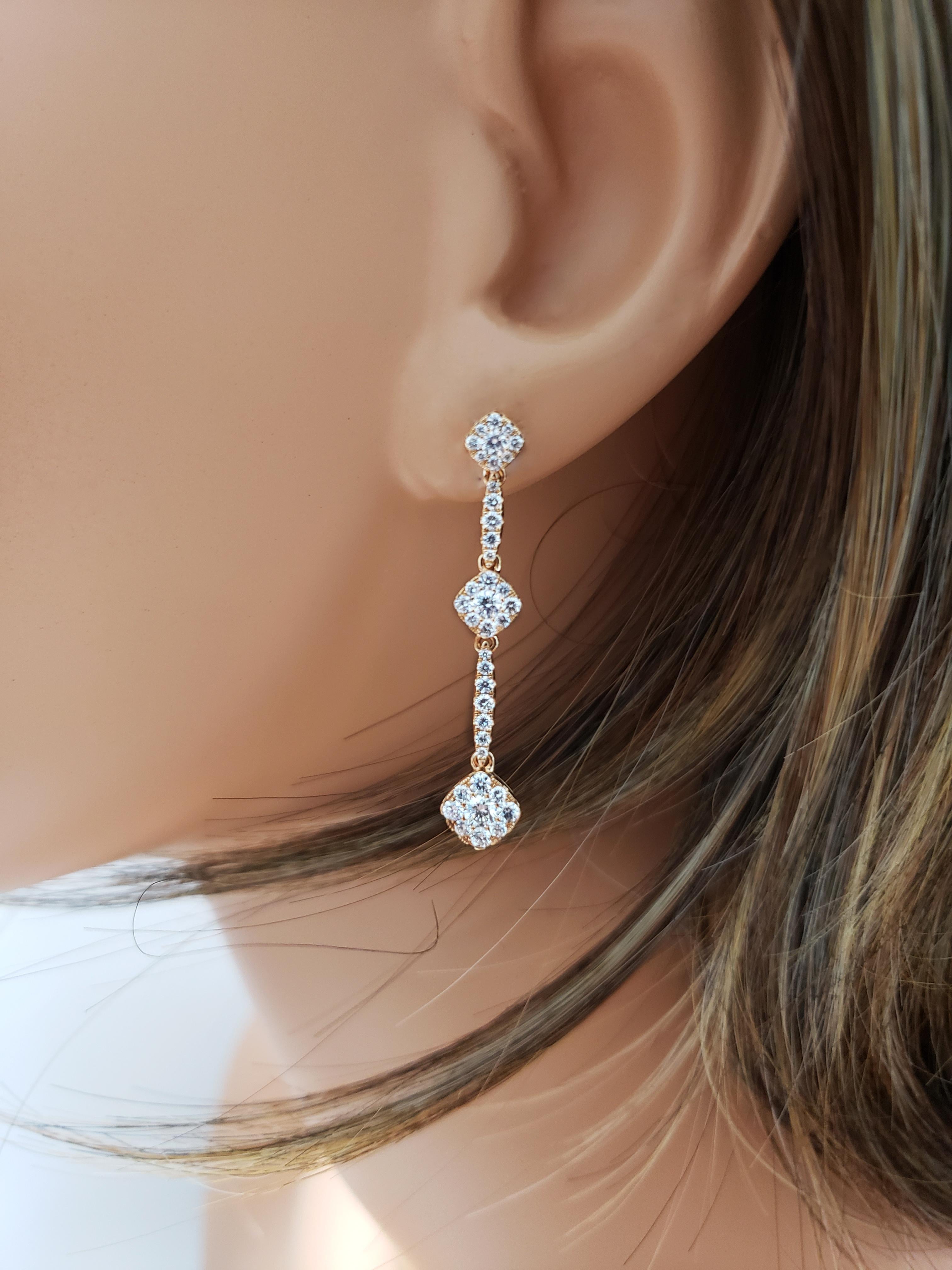 Round Cut Roman Malakov 1.03 Carat Total Cluster Diamond Drop Earrings in Rose Gold For Sale