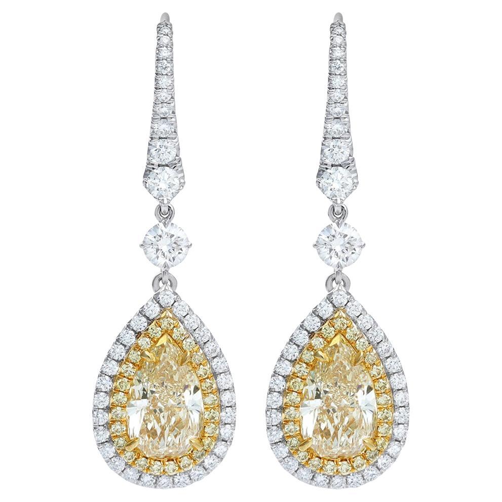 Roman Malakov GIA 4.19 Carats Pear Shape Yellow Diamond Double Halo Earrings