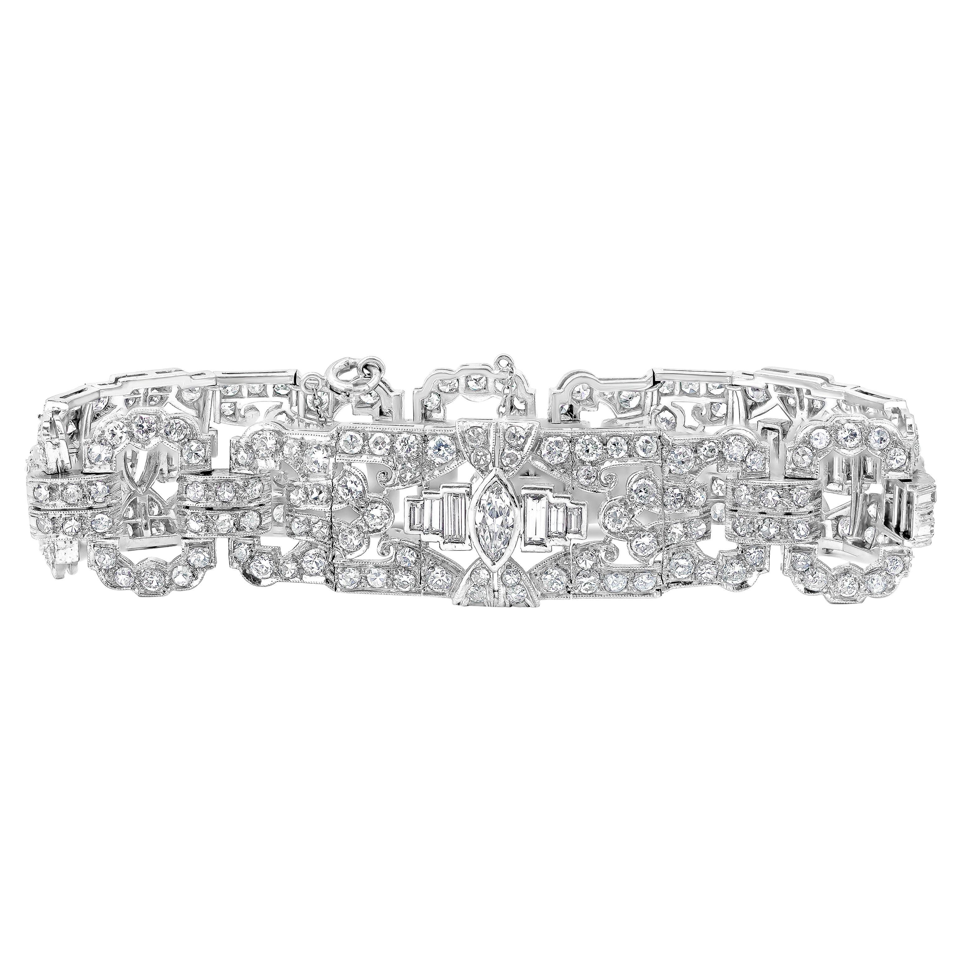 Antique Open-Work 14.30 Carats Fancy Cut Diamond Art Deco Bracelet in Platinum For Sale