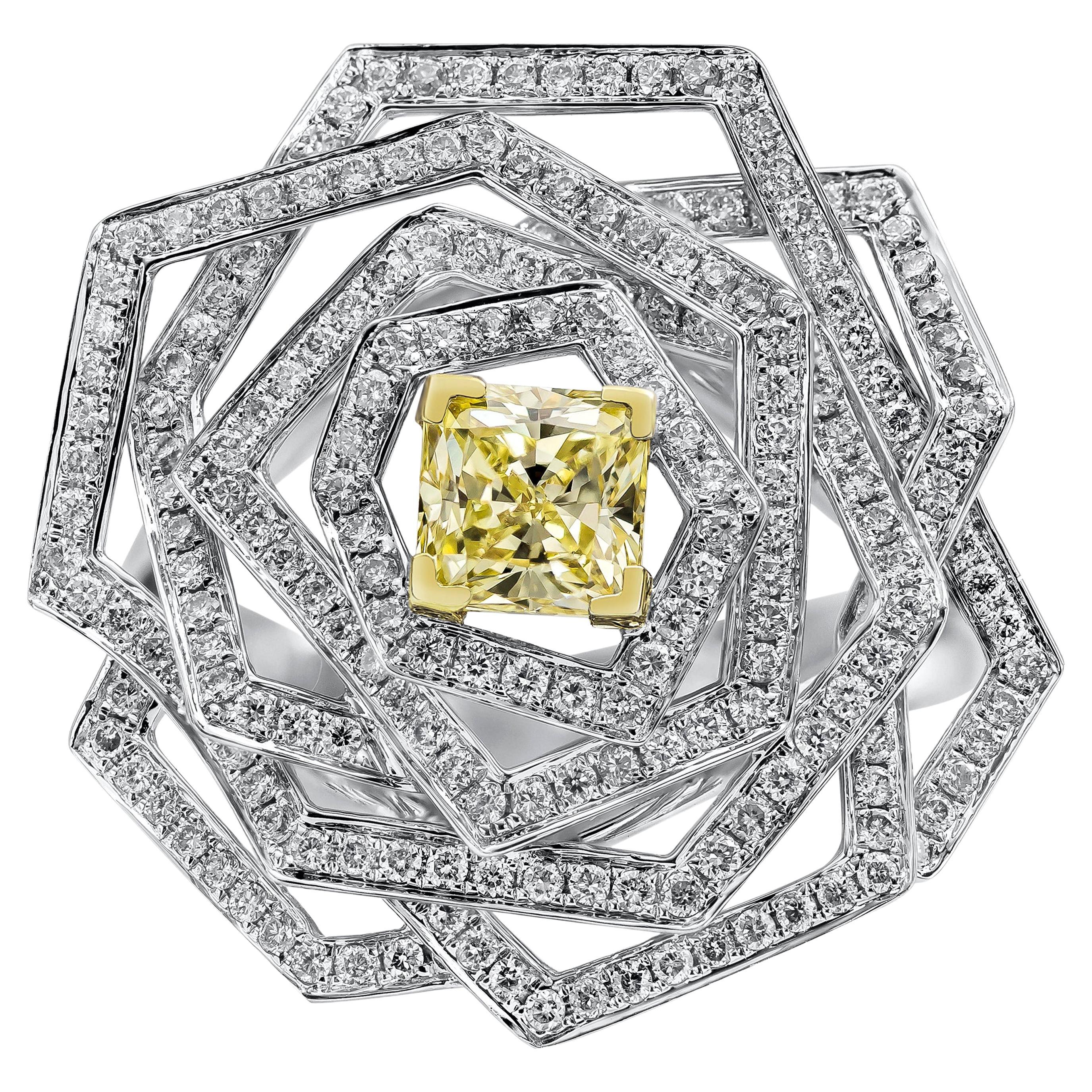 GIA Certified 0.81 Carat Radiant Cut Fancy Intense Yellow Diamond Flower Ring
