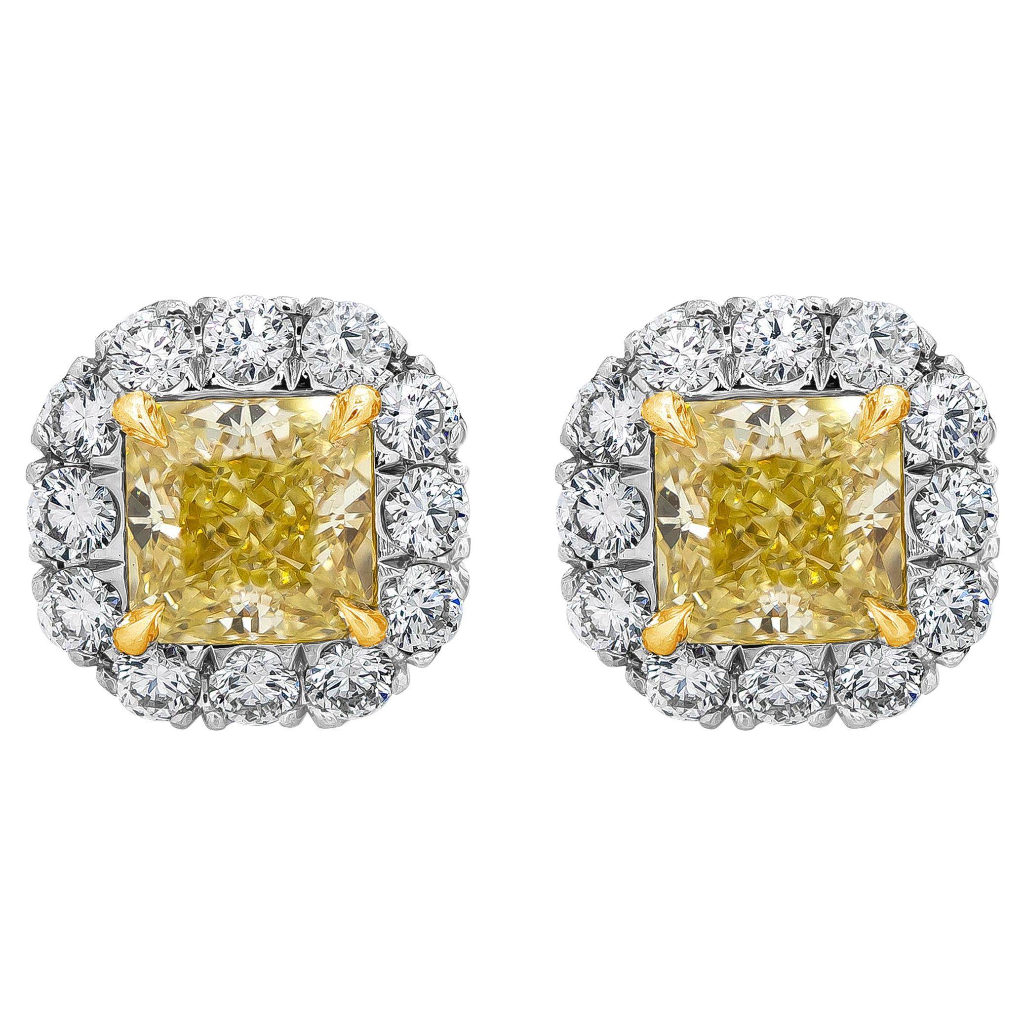 GIA Certified 1.45 Carats Total Radiant Cut Fancy Yellow Diamond Stud Earrings For Sale