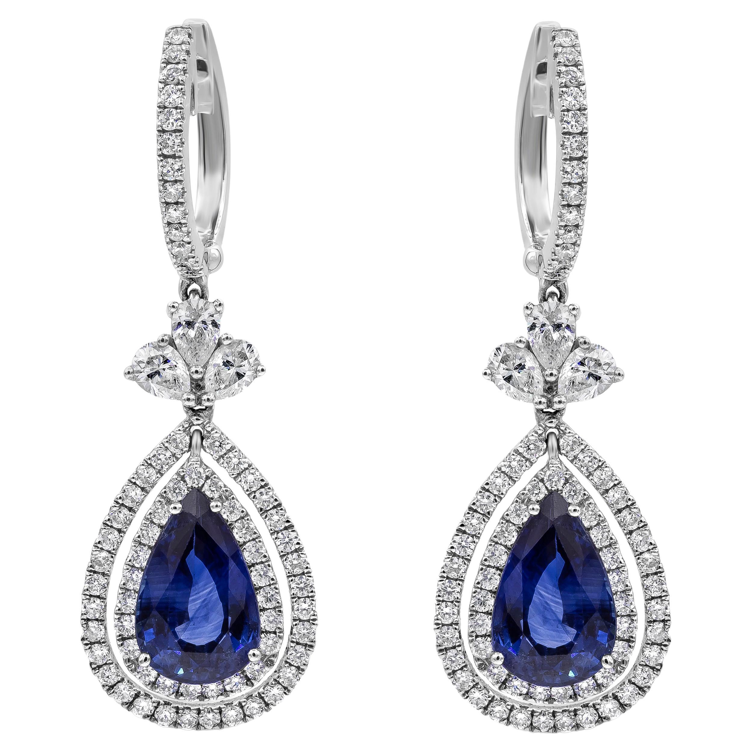 Roman Malakov 4.18 Carat Blue Sapphire And Diamond Double Halo Dangle Earrings For Sale