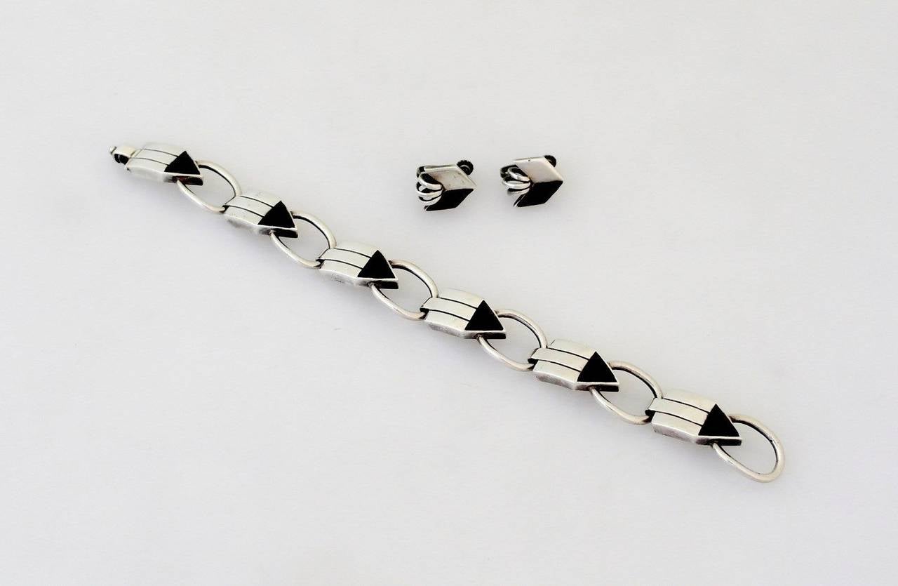 Early, Rare William Spratling Obsidian Sterling Silver Link Earrings 1940 For Sale 3