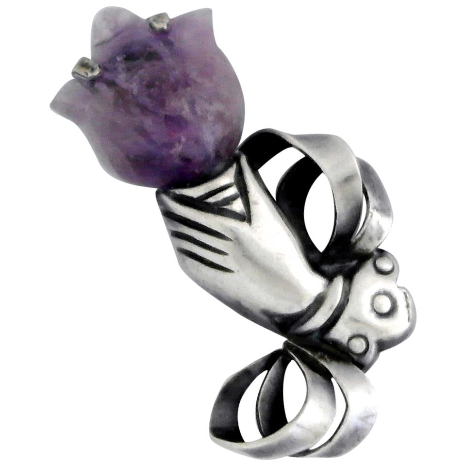 William Spratling Sterling Silver Hand Motif Amethyst Tulip Pin For Sale