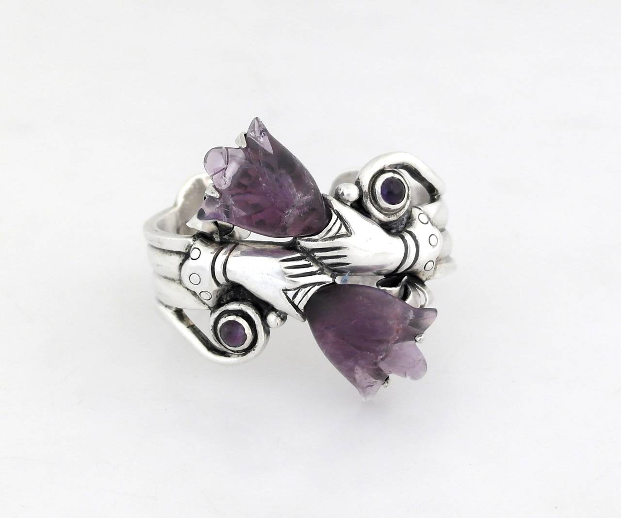 William Spratling Hands with Tulip Amethysts Sterling Silver Cuff Bracelet In Excellent Condition In New York, NY