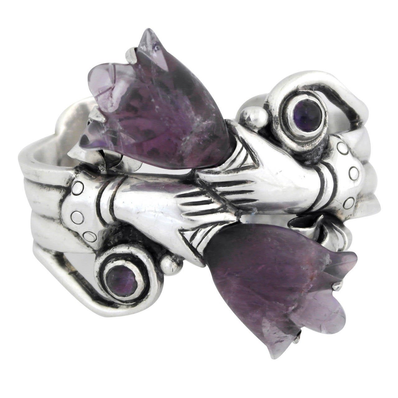 William Spratling Hands with Tulip Amethysts Sterling Silver Cuff Bracelet