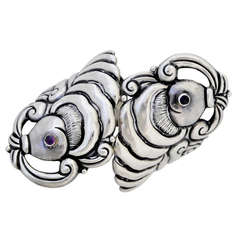 Taxco Sterling Silver Fish Motif Bracelet Amethyst Eyes