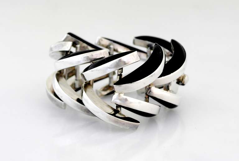 Women's Incredible Los Ballesteros Onyx 7 Sterling Silver Art Deco Bracelet