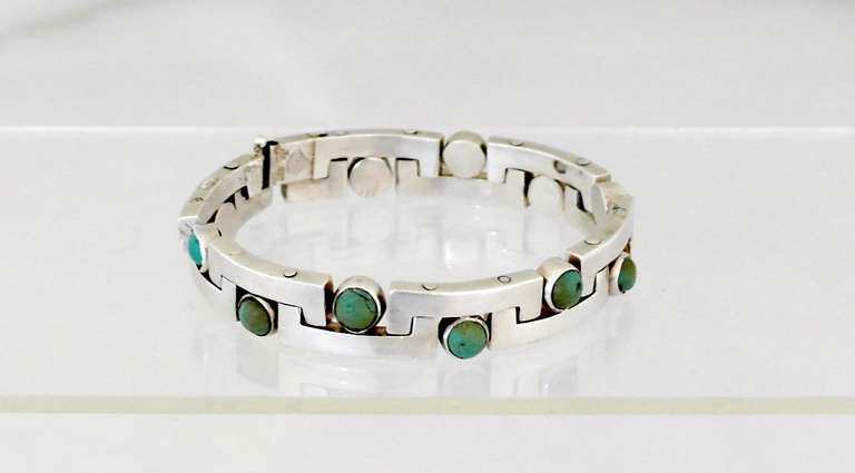 Antonio Pineda .970 Silver & Turquoise Modernist Bracelet In Excellent Condition For Sale In New York, NY