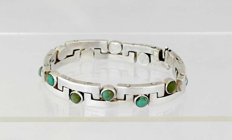 Antonio Pineda .970 Silver & Turquoise Modernist Bracelet For Sale 1