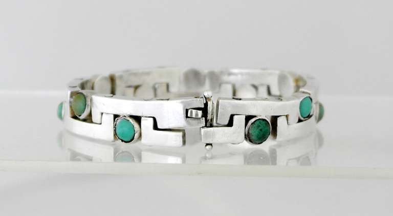 Antonio Pineda .970 Silver & Turquoise Modernist Bracelet For Sale 2