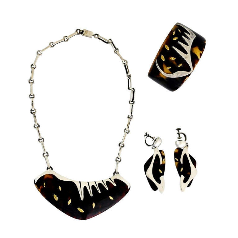 Enrique Ledesma Taxco Sterling Silver & Tortoise Shell Jewelry Suite 1953 For Sale