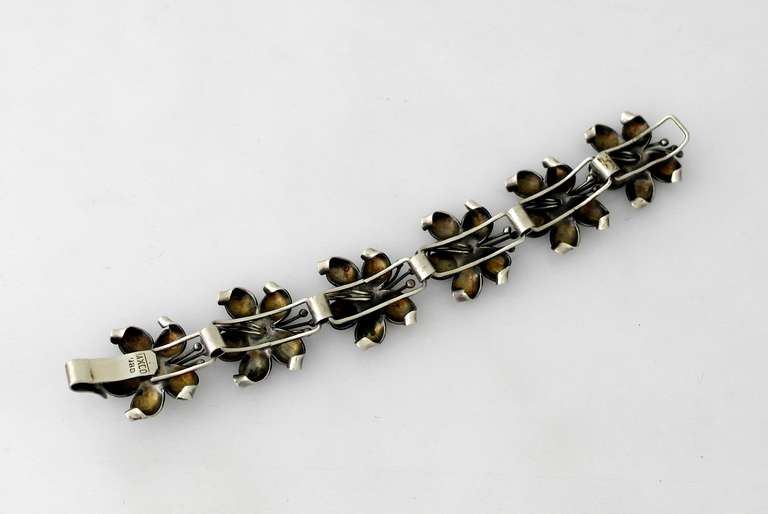 Women's Early Taxco .980 Silver Floral Motif Link Bracelet For Sale