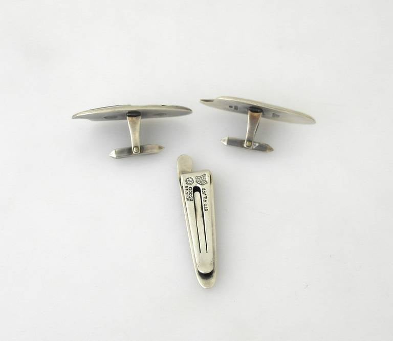 Antonio Pineda Sterling Silver Cufflinks and Tie Clip In Excellent Condition For Sale In New York, NY