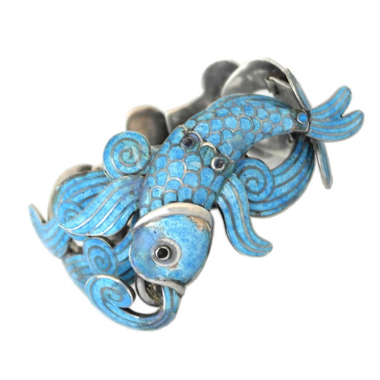 Margot De Taxco Enamel Sterling Silver Fish Motif Bracelet 1960