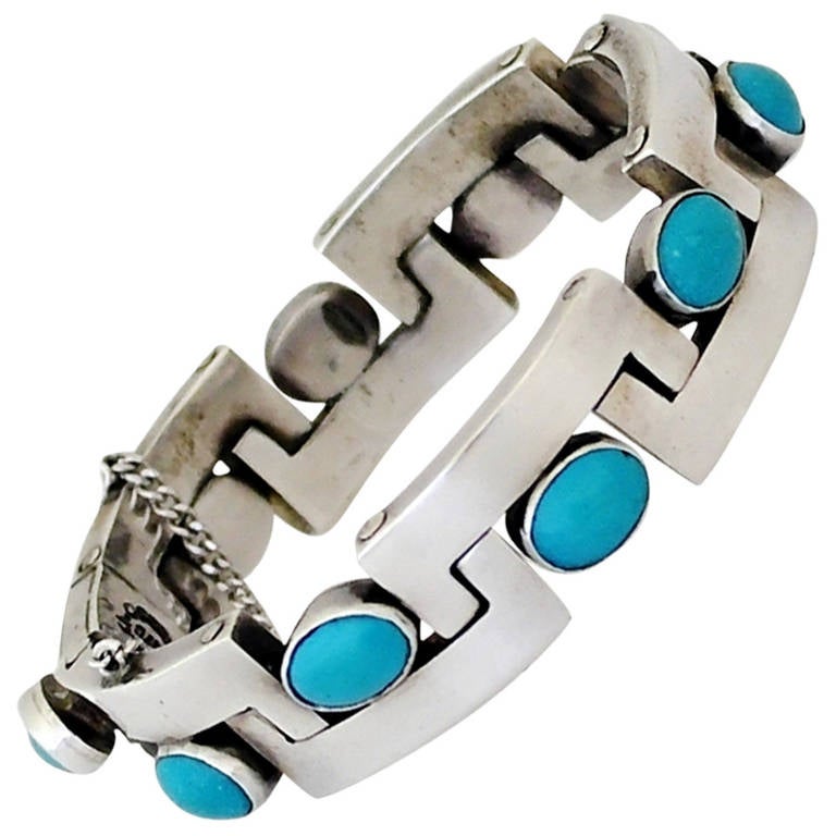 Pineda Style Taxco Turquoise Sterling Silver Bracelet 1950 For Sale