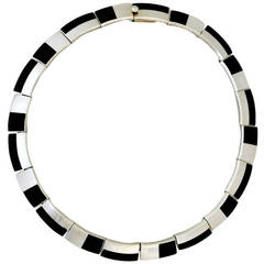 Retro Antonio Pineda .970 Onyx Silver Choker Necklace 1955 Art Deco Style