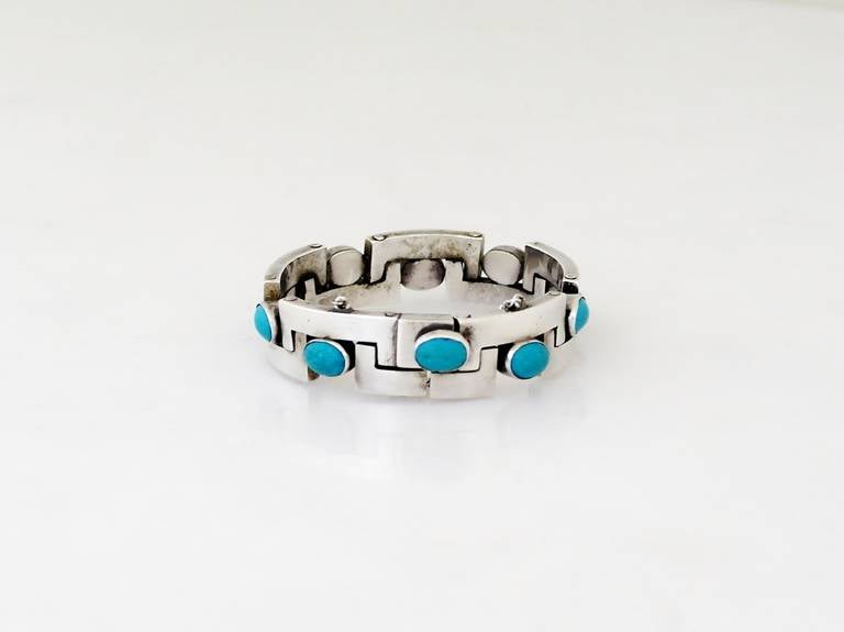 Pineda Style Taxco Turquoise Sterling Silver Bracelet 1950 In Excellent Condition For Sale In New York, NY