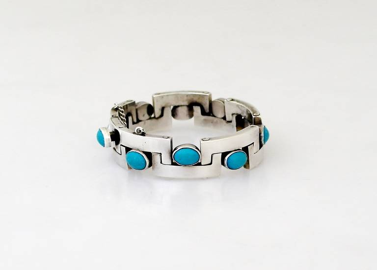 Women's Pineda Style Taxco Turquoise Sterling Silver Bracelet 1950 For Sale