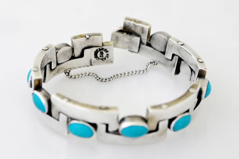 Pineda Style Taxco Turquoise Sterling Silver Bracelet 1950 For Sale 3