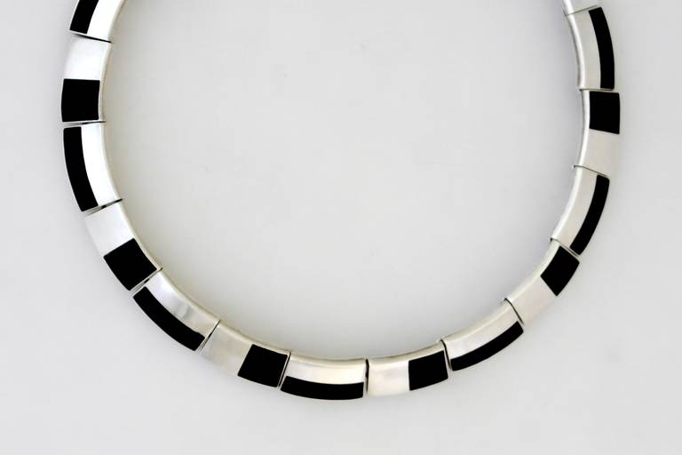 Antonio Pineda .970 Onyx Silver Choker Necklace 1955 Art Deco Style In Excellent Condition For Sale In New York, NY