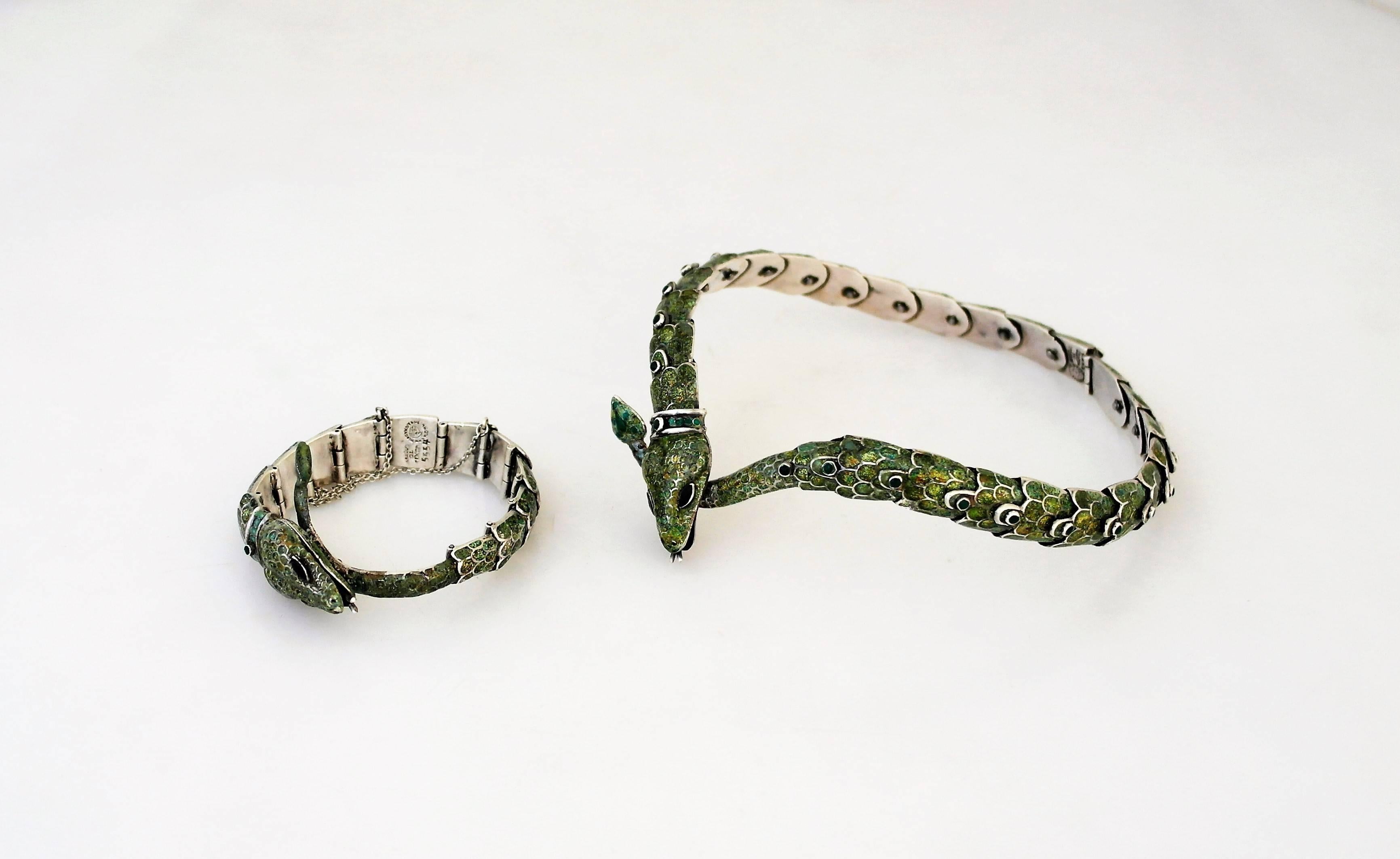 Margot De Taxco Sterling Silver  Enamel Snake Necklace and Bracelet In Excellent Condition For Sale In New York, NY