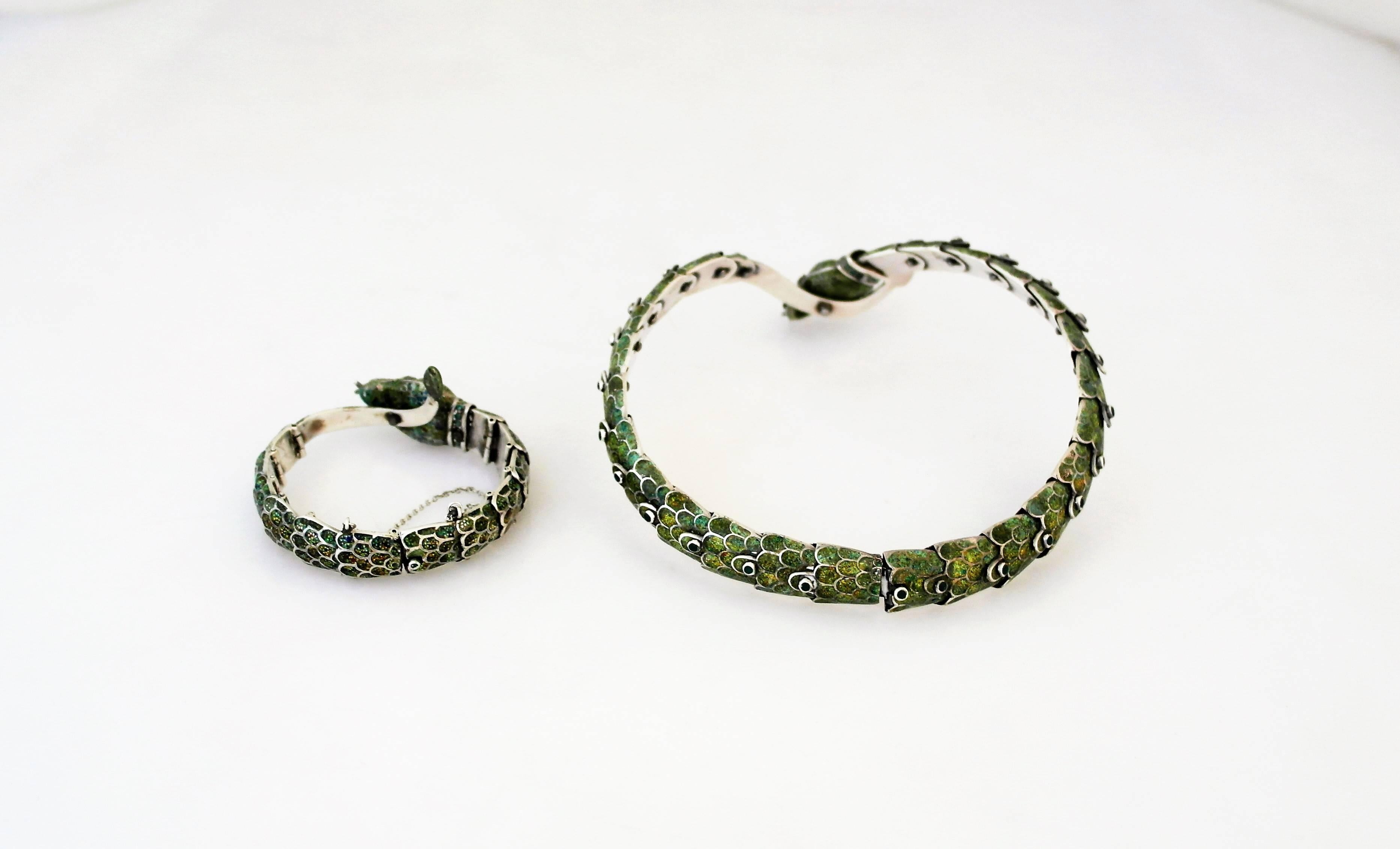 Margot De Taxco Sterling Silver  Enamel Snake Necklace and Bracelet For Sale 1