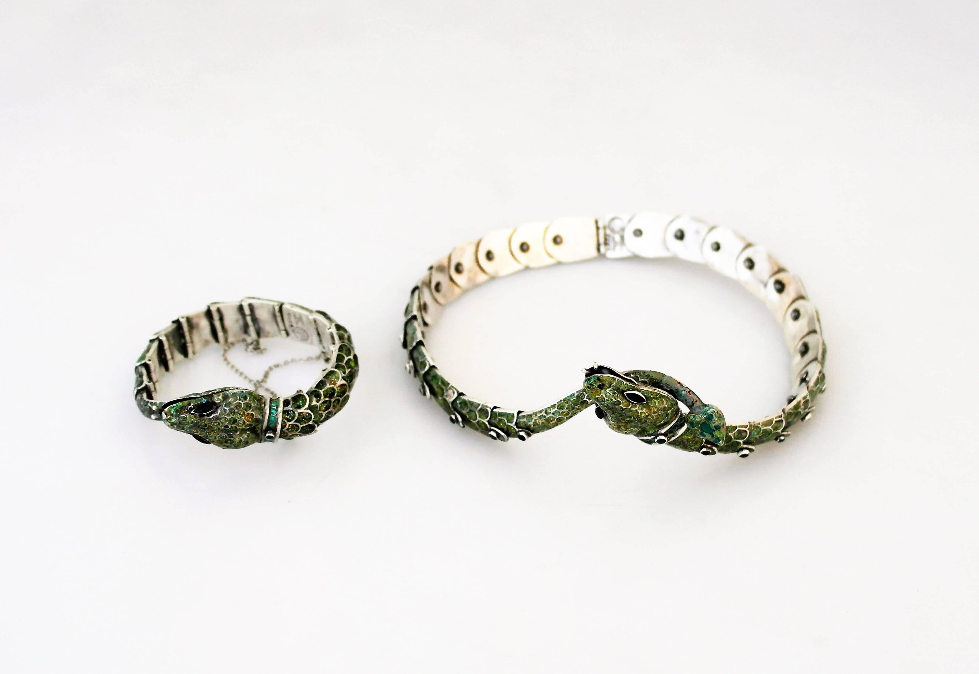 Women's Margot De Taxco Sterling Silver  Enamel Snake Necklace and Bracelet For Sale