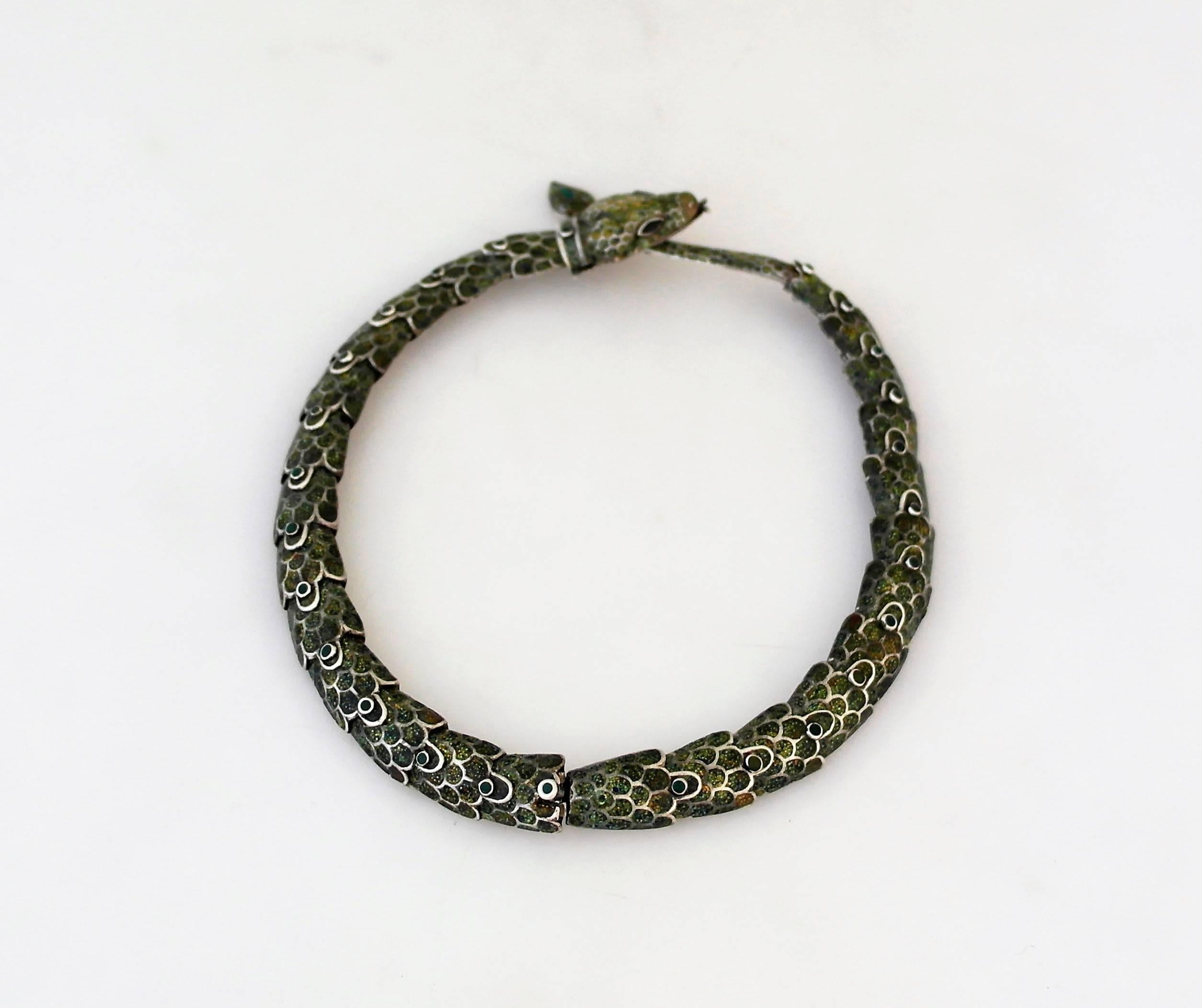 Women's Margot De Taxco Enamel Sterling Silver Snake Necklace For Sale
