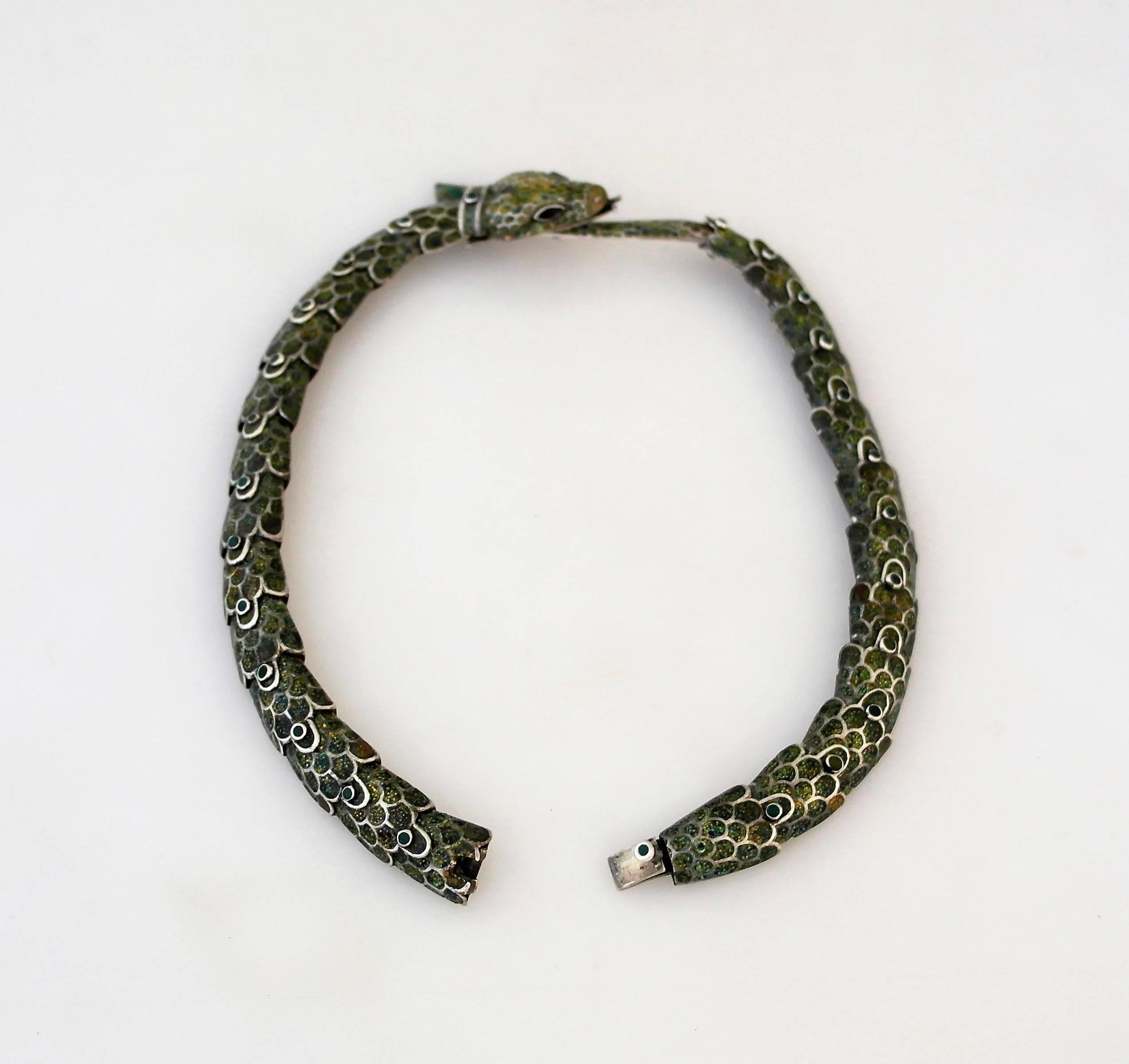 Margot De Taxco Enamel Sterling Silver Snake Necklace For Sale 1