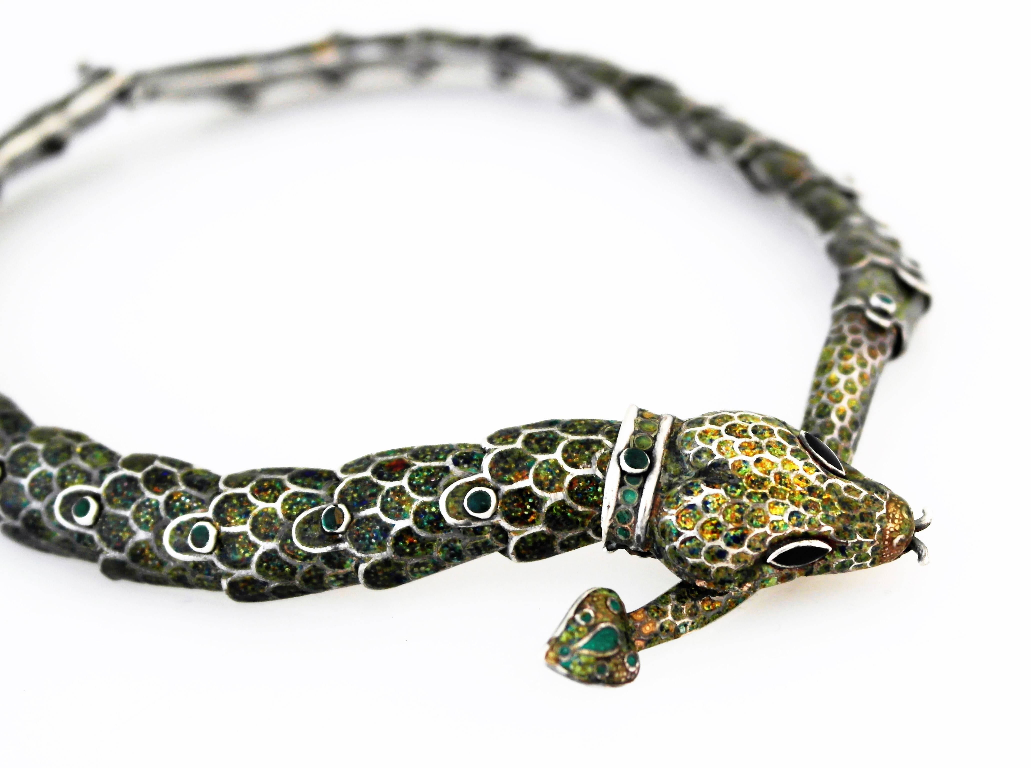 Margot De Taxco Enamel Sterling Silver Snake Necklace For Sale 2