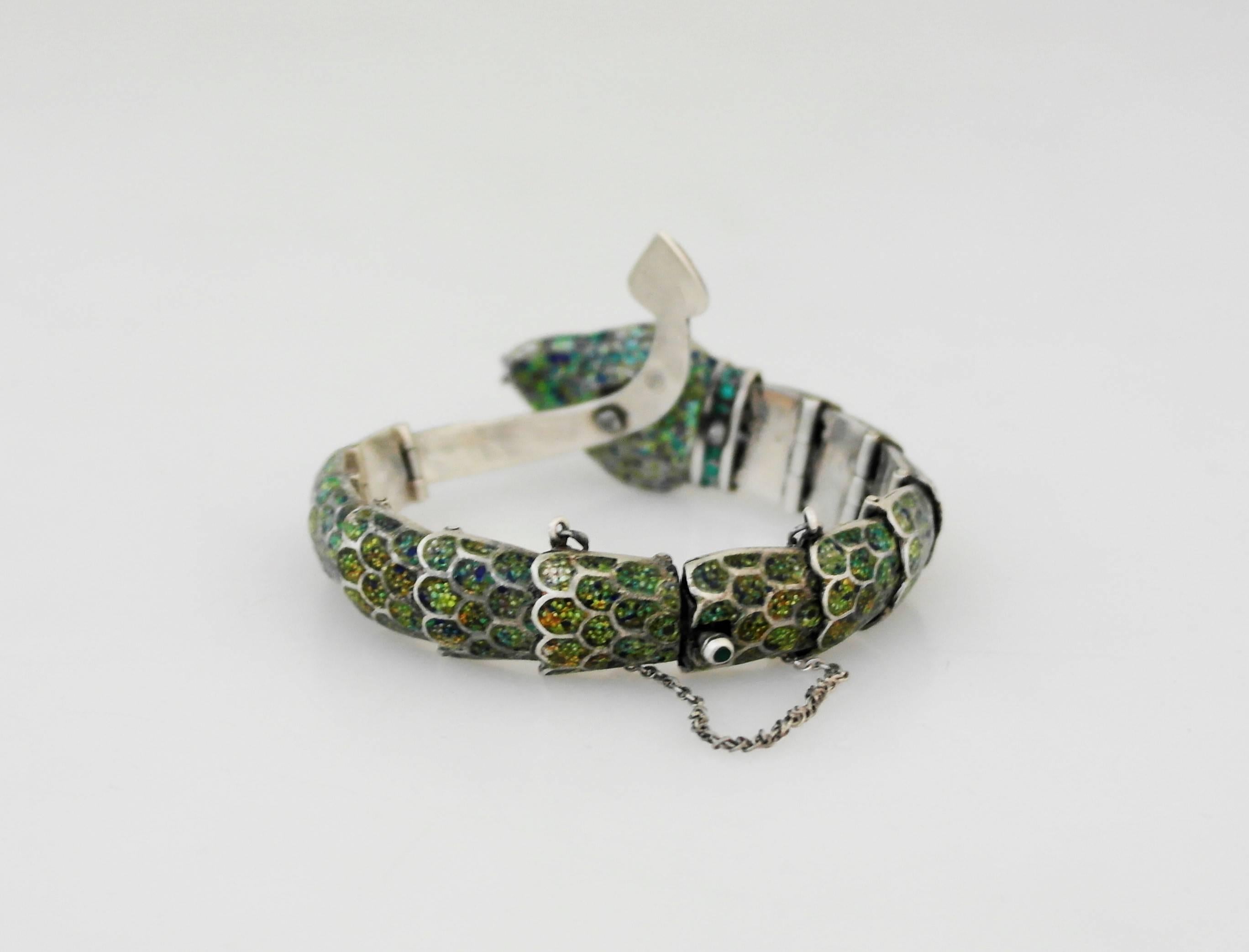Margot De Taxco Enamel Sterling Silver Snake Bracelet In Excellent Condition For Sale In New York, NY