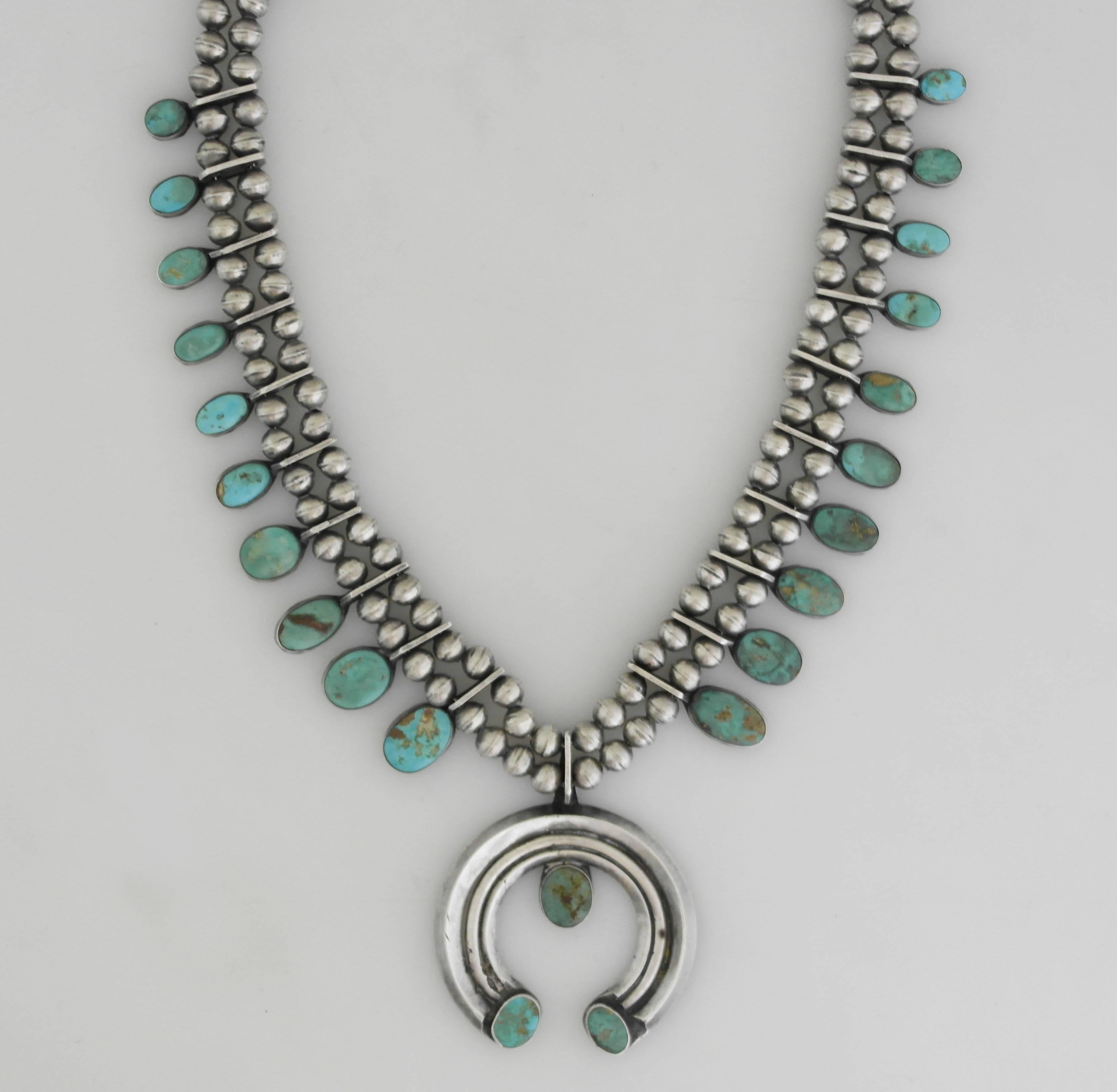 1990 Native American Squash Blossom Turquoise Sterling Silver Necklace In Excellent Condition In New York, NY