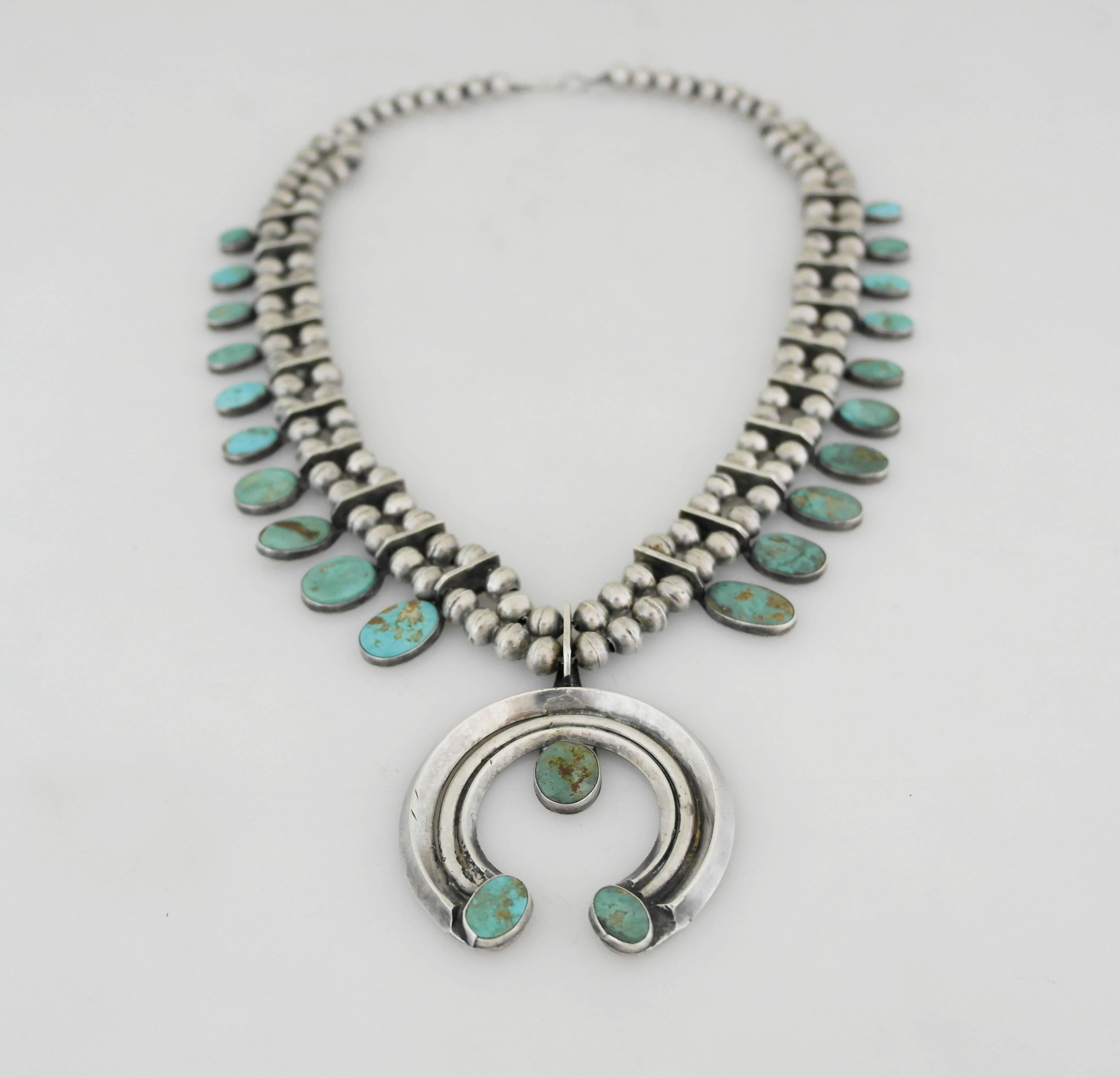 Women's 1990 Native American Squash Blossom Turquoise Sterling Silver Necklace