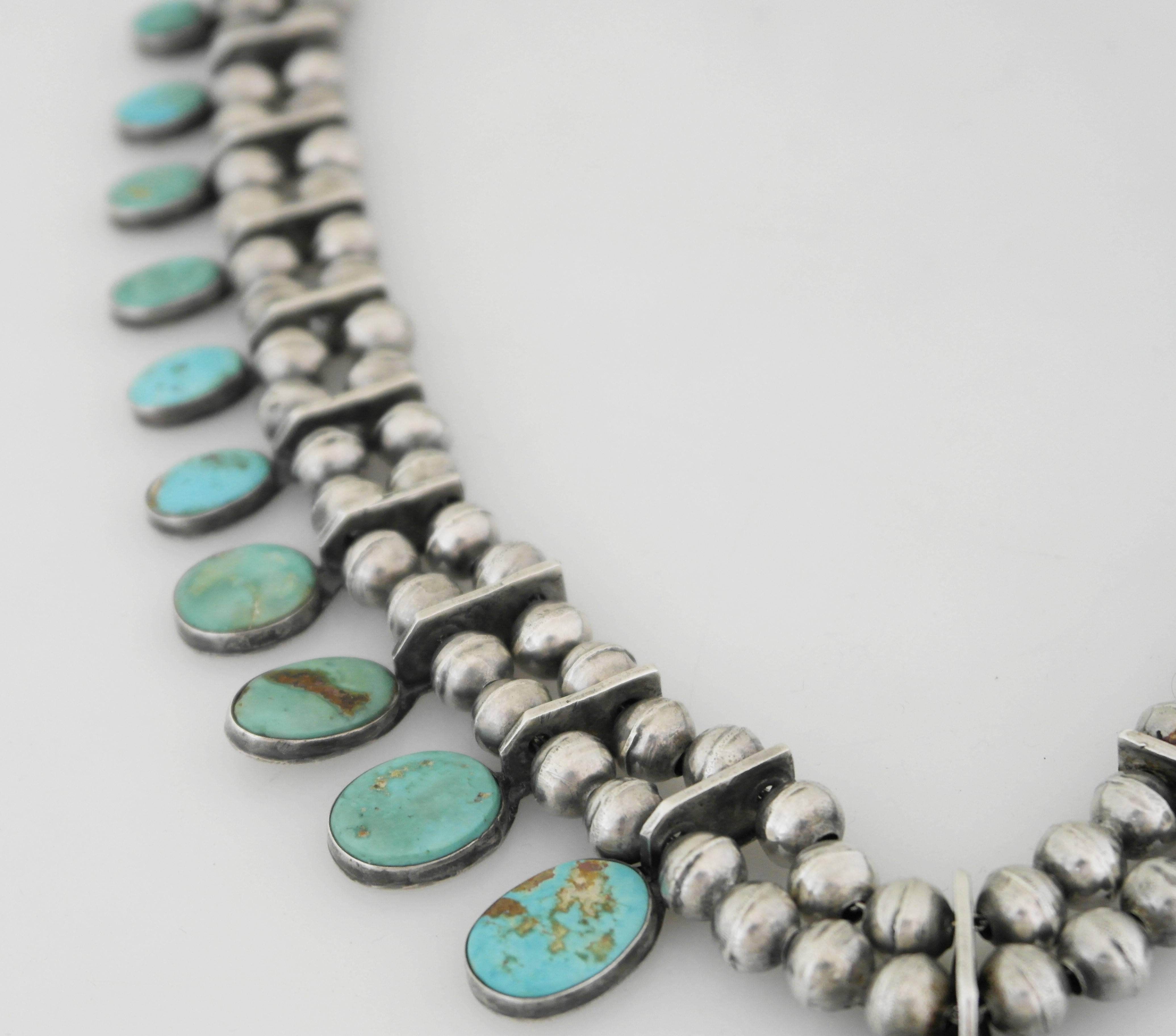 1990 Native American Squash Blossom Turquoise Sterling Silver Necklace 1