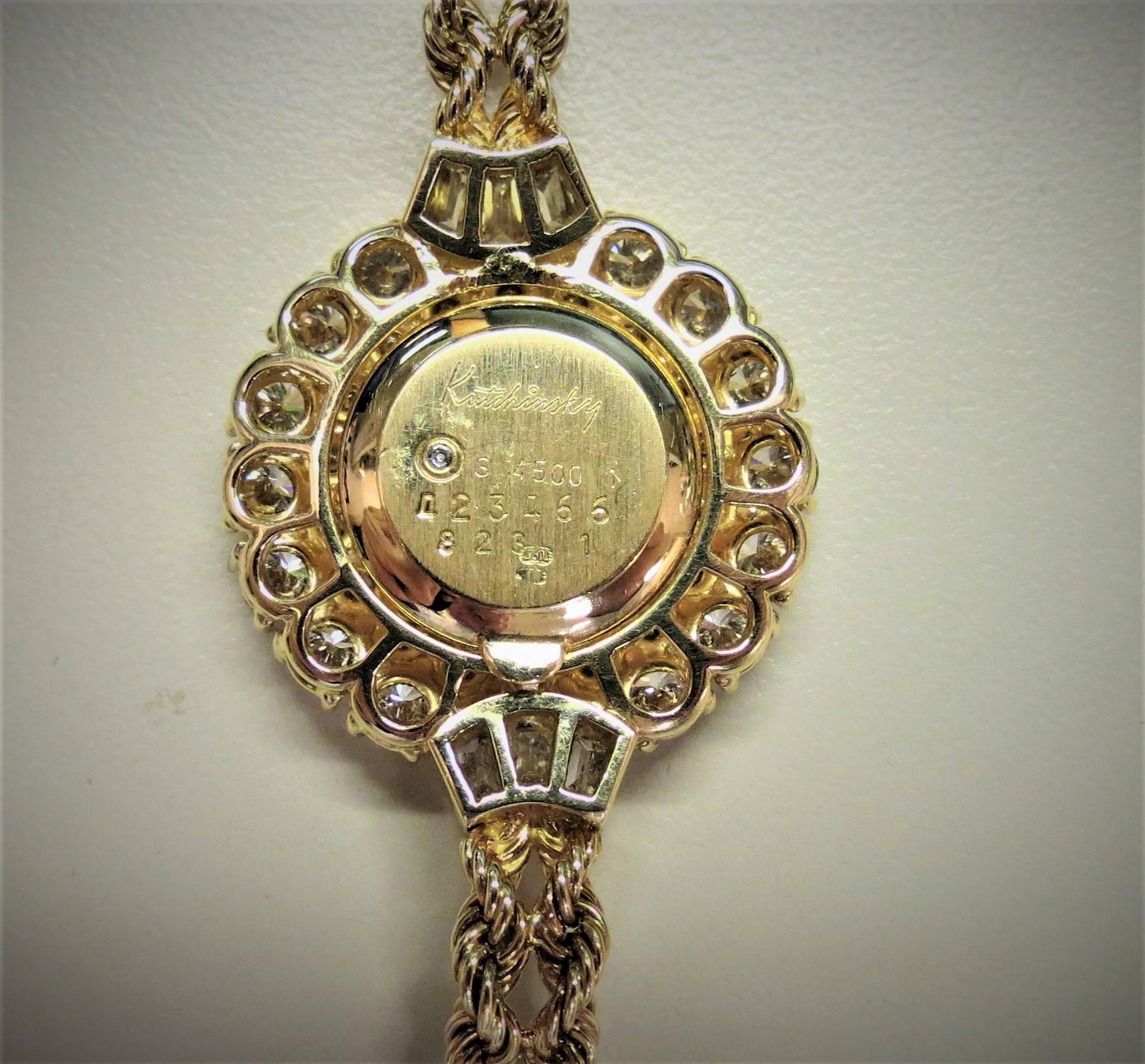 Pre-owned , stamped on back Kutchinsky London, Chopard ladies 18K yellow. gold and diamond bracelet watch, with full cut round and baguette diamonds weighing approximately 5ct total, with double rope bracelet, 6.5 inches long, across back wind, dial