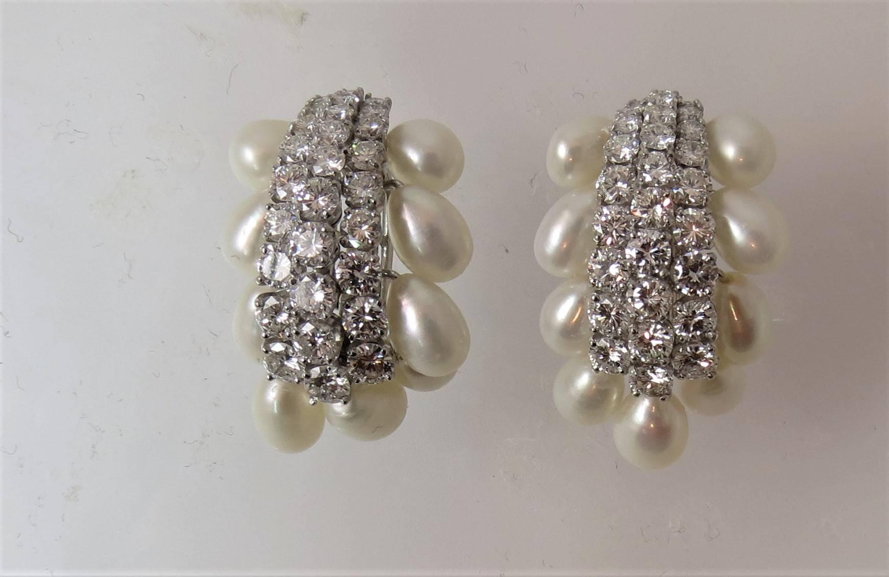 Stunning David Webb platinum and diamond pearl earrings, set with 18 Biwi cultured pearls, and 56 full cut round diamonds weighing approximately 5.50cts