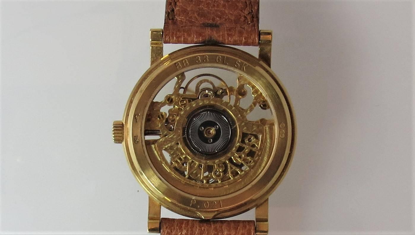 Brand new, never worn, Bulgari 18K yellow gold, automatic Skelton case,  leather strap watch, case size 33mm.
Two year warranty.
In original box.
Last known retail $9200