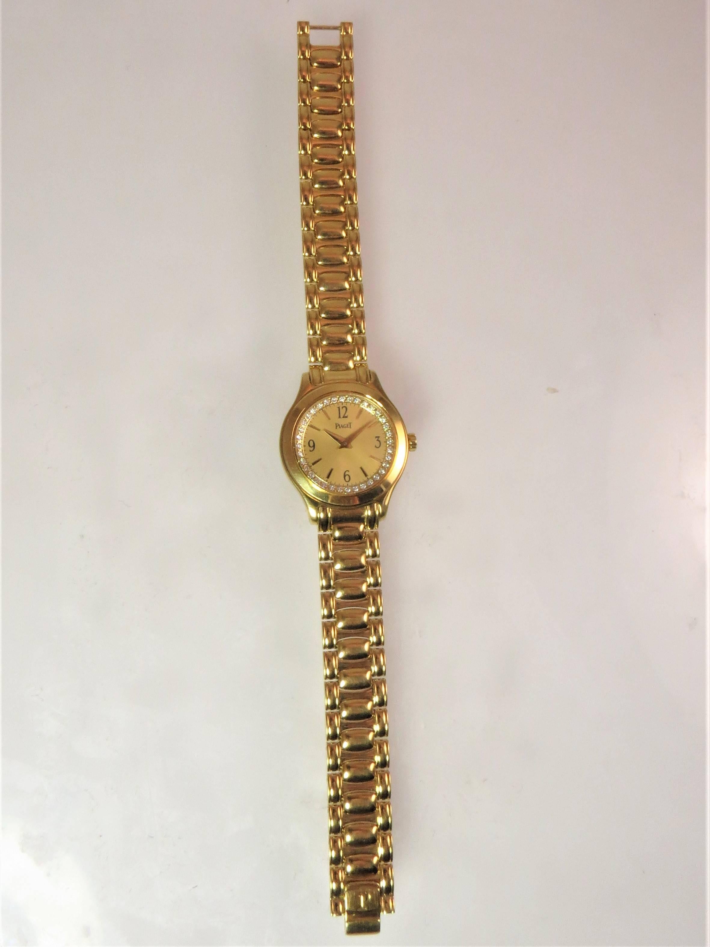 Brand new, never worn, 18K yellow gold Piaget Citea bracelet watch, diamond bezel, gilt dial, quartz movement, case size 25mm, serial #654111, model 01GOAO1-21162

2 year warranty. Piaget box