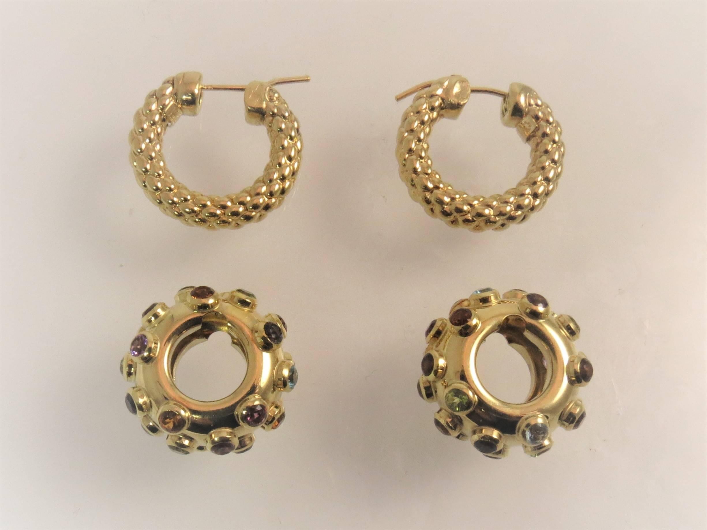 Two earrings in one.  Very unique.  18K yellow gold  textured hoop earrings with detachable 18K yellow gold circle, bezel set with round peridot, citrine, blue topaz, amethyst, iolite, pink tourmaline stones. Textured top hoop measures 22.22mm.