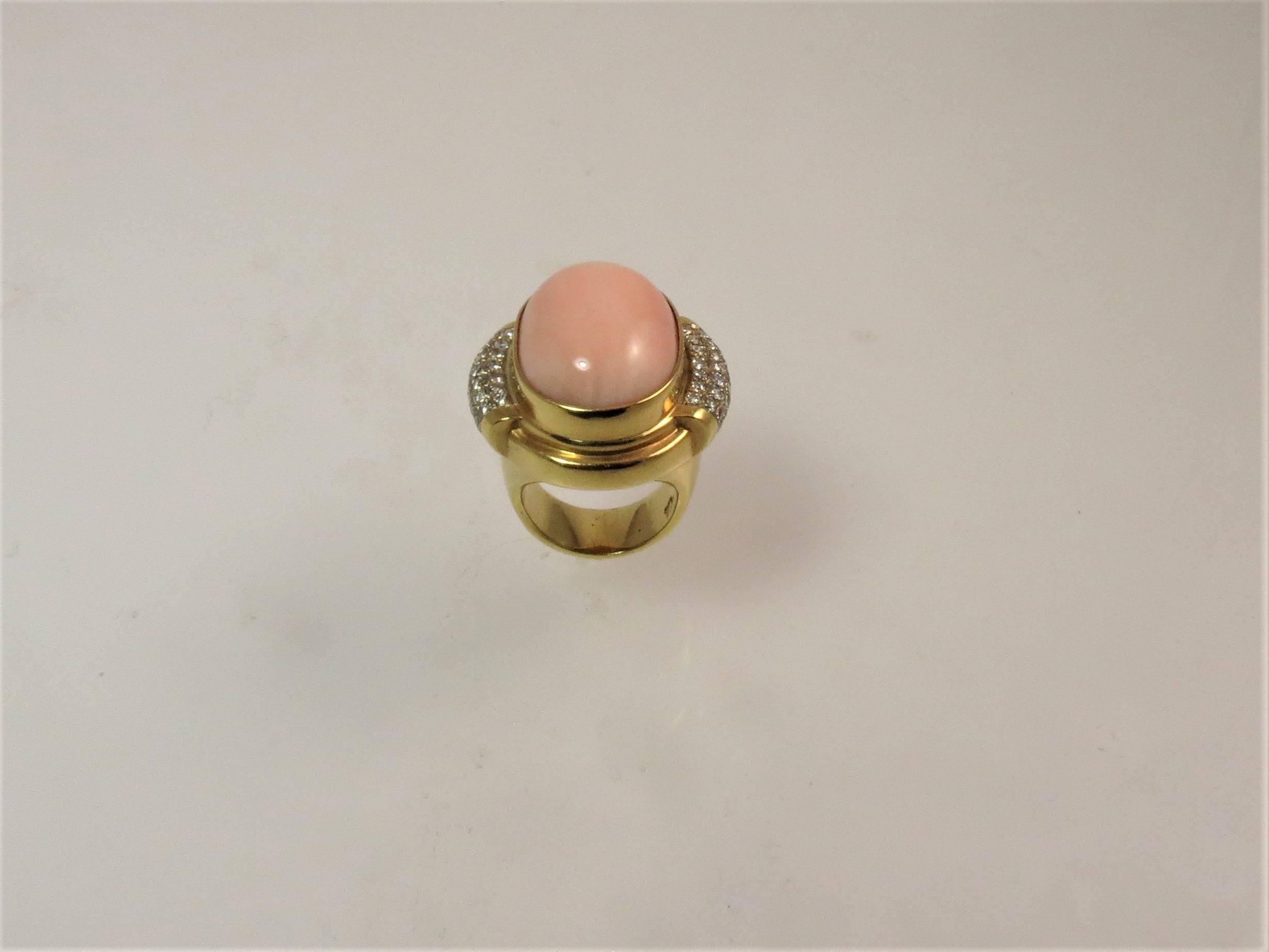 Contemporary Susan Berman Yellow Gold Cabochon Angel Skin Coral Diamond Ring For Sale